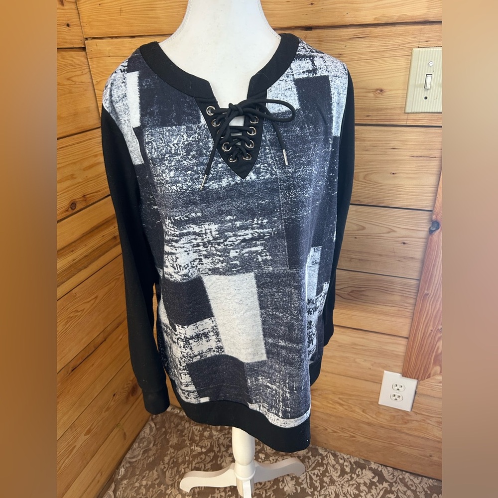 Lace Up V Neck Abstract Geometric Top‎ Sweatshirt Womens XL